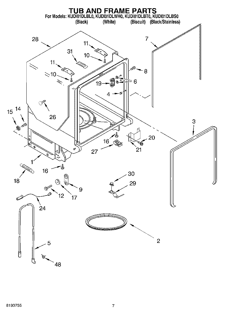 TUB AND FRAME Diagram and Parts List for KUDI01DLSS0  Whirlpool Dishwasher