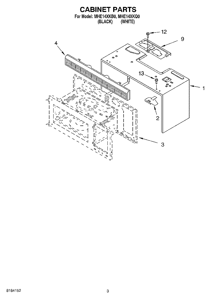 CABINET Diagram and Parts List for MHE14XKQ0  Roper Microwave