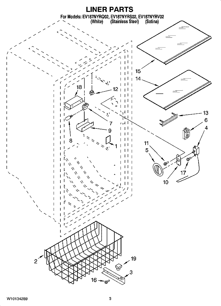 LINER PARTS Diagram and Parts List for EV187NYRQ02  Whirlpool Freezer