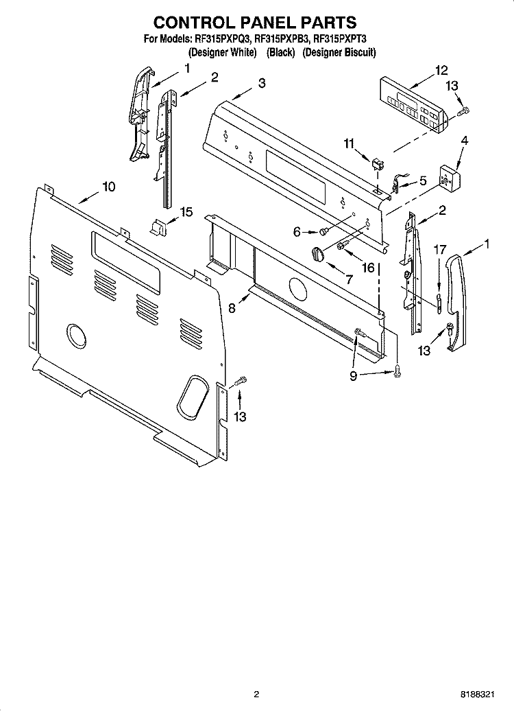 CONTROL PANEL PARTS Diagram and Parts List for RF315PXPQ3  Whirlpool Range
