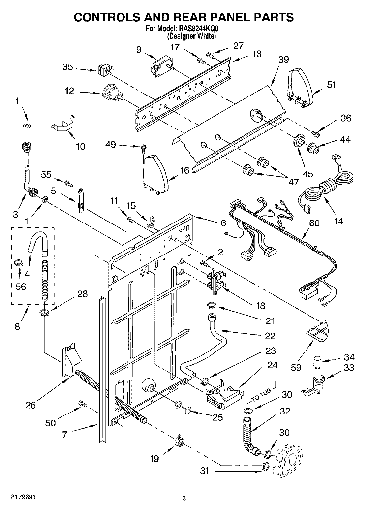 CONTROLS AND REAR PANEL Diagram and Parts List for RAS8244KQ0  Roper Washer