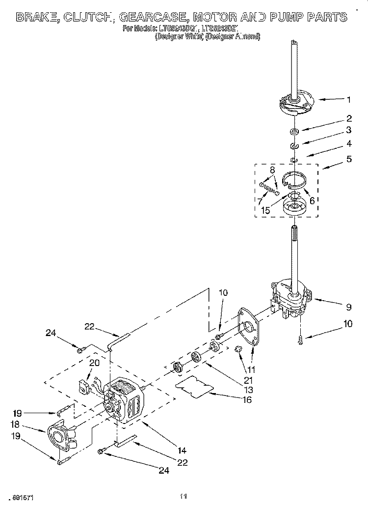 BRAKE, CLUTCH, GEARCASE, MOTOR AND PUMP Diagram and Parts List for LTG5243DQ1  Whirlpool Washer Dryer Combo