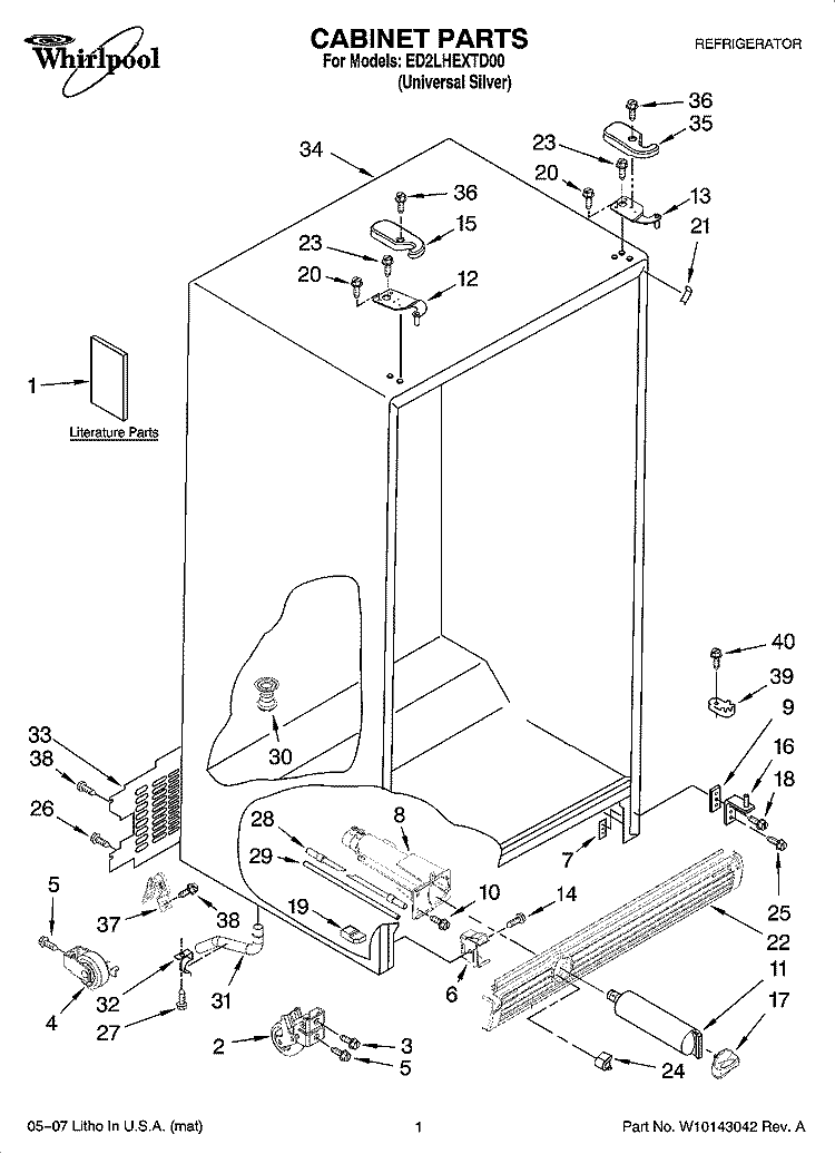 CABINET PARTS Diagram and Parts List for ED2LHEXTD00  Whirlpool Refrigerator