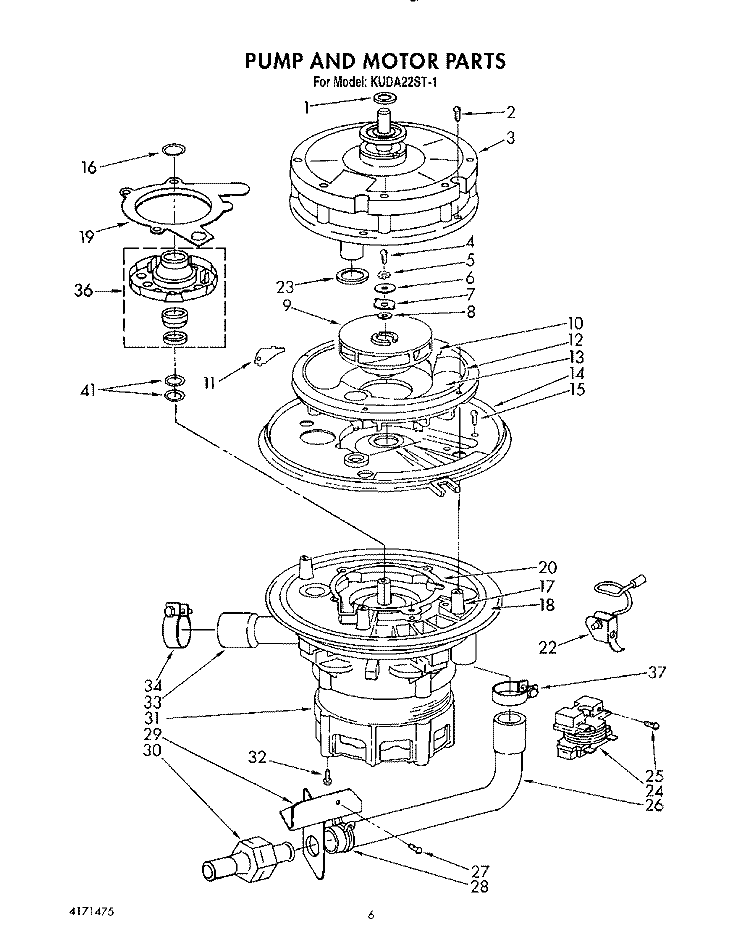PUMP AND MOTOR Diagram and Parts List for KUDA22ST1  KitchenAid Dishwasher