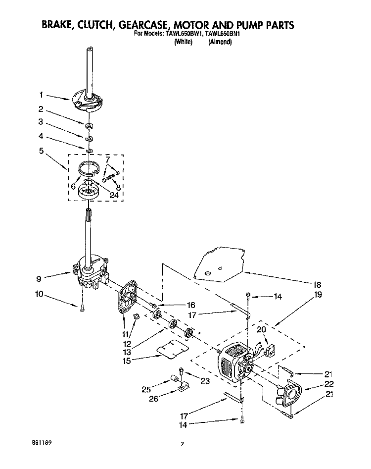 BRAKE, CLUTCH, GEARCASE, MOTOR & PUMP Diagram and Parts List for TAWL650BN1  Estate Washer