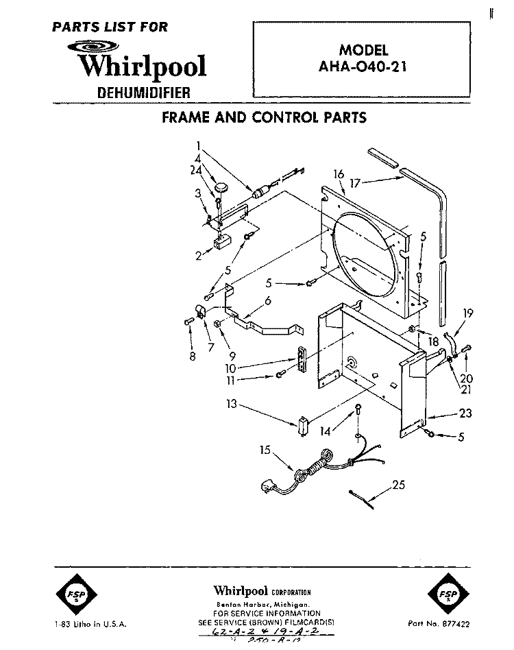 SECTION Diagram and Parts List for AHA04021  Whirlpool Dehumidifier