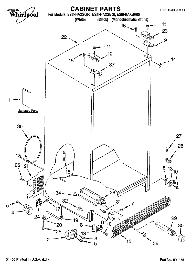 CABINET PARTS Diagram and Parts List for ES5FHAXSQ00  Whirlpool Refrigerator