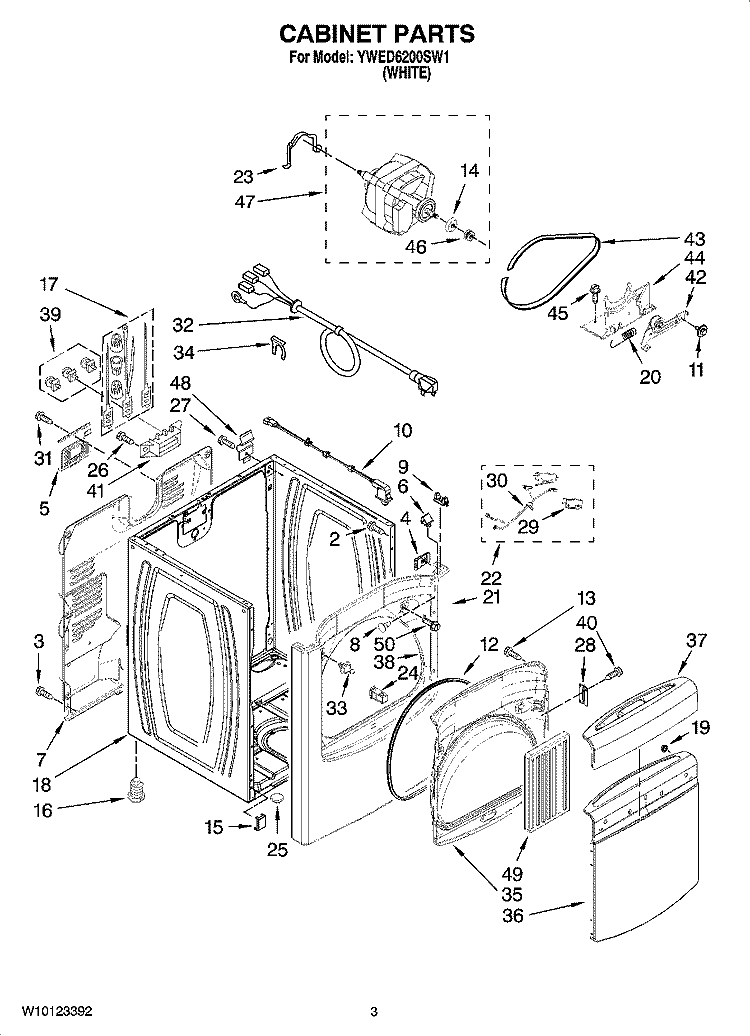CABINET PARTS Diagram and Parts List for YWED6200SW1  Whirlpool Dryer