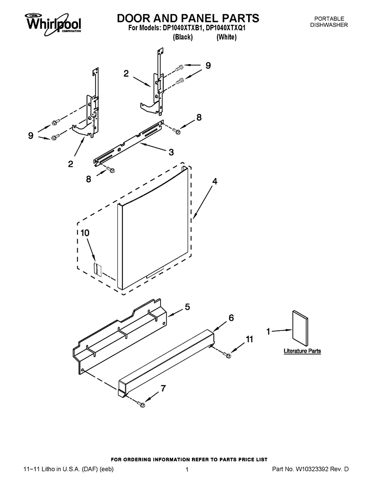 DOOR AND PANEL PARTS Diagram and Parts List for DP1040XTXB1  Whirlpool Dishwasher