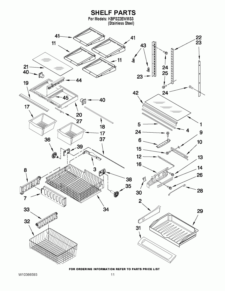 SHELF PARTS Diagram and Parts List for KBFS22EWMS3  KitchenAid Refrigerator