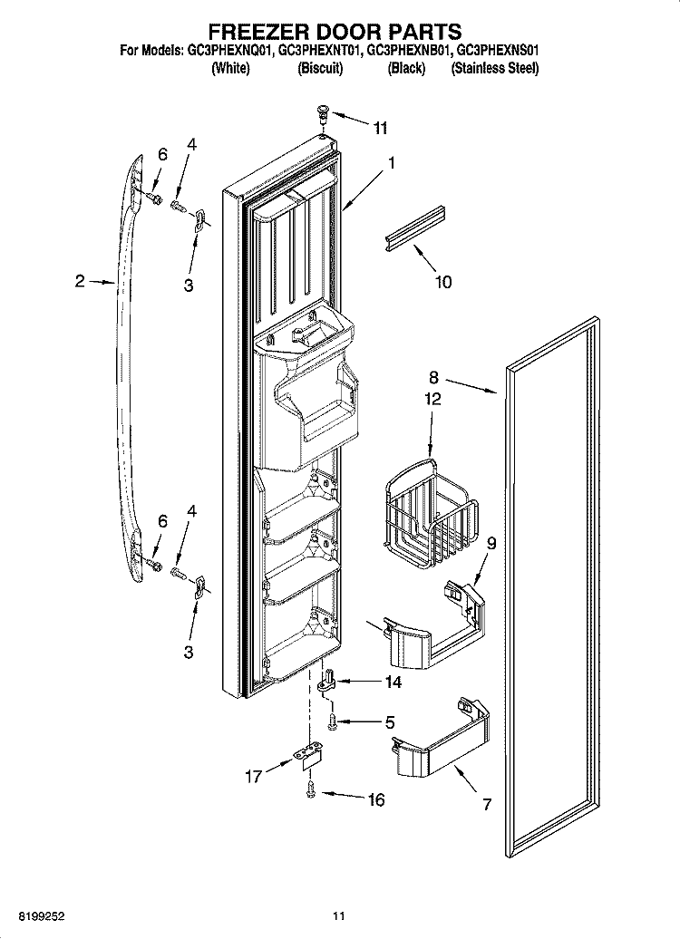 FREEZER DOOR PARTS Diagram and Parts List for GC3PHEXNS01  Whirlpool Refrigerator
