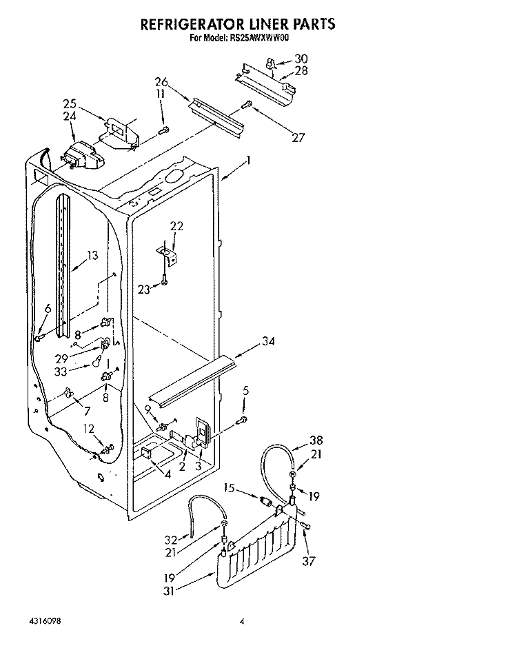 REFRIGERATOR LINER Diagram and Parts List for RS25AWXWL00  Roper Refrigerator
