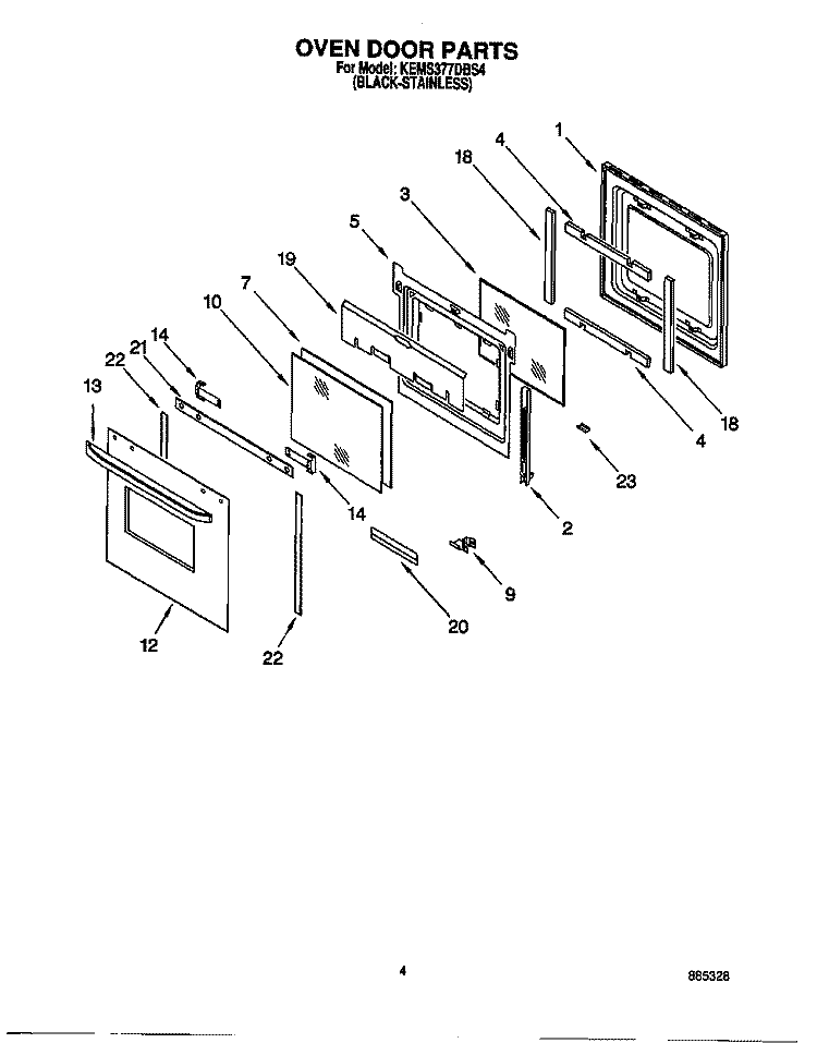 OVEN DOOR Diagram and Parts List for KEMS377DBS4  KitchenAid Microwave Oven Combo