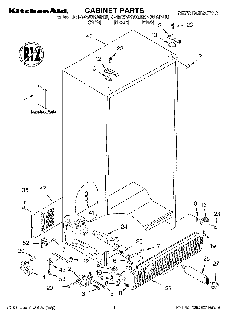 CABINET, LITERATURE Diagram and Parts List for KSBS25FJBL00  KitchenAid Refrigerator