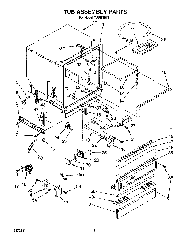 TUB, LIT/OPTIONAL Diagram and Parts List for WU5750Y1  Roper Dishwasher