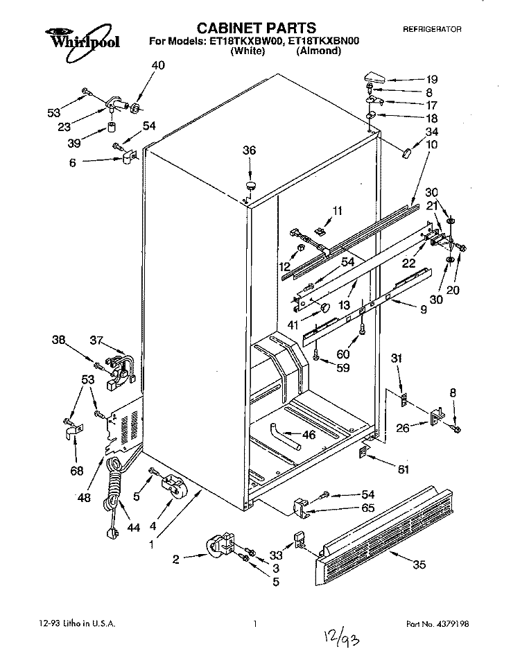 CABINET Diagram and Parts List for ET18TKXBN00  Whirlpool Refrigerator