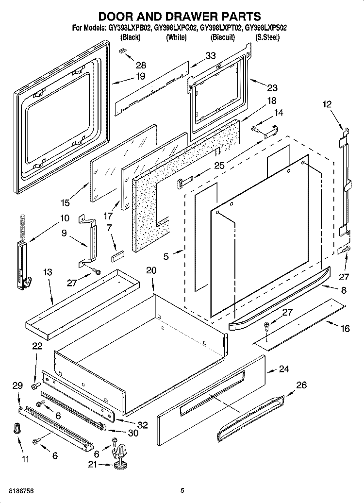 DOOR AND DRAWER PARTS Diagram and Parts List for GY398LXPB02  Whirlpool Range