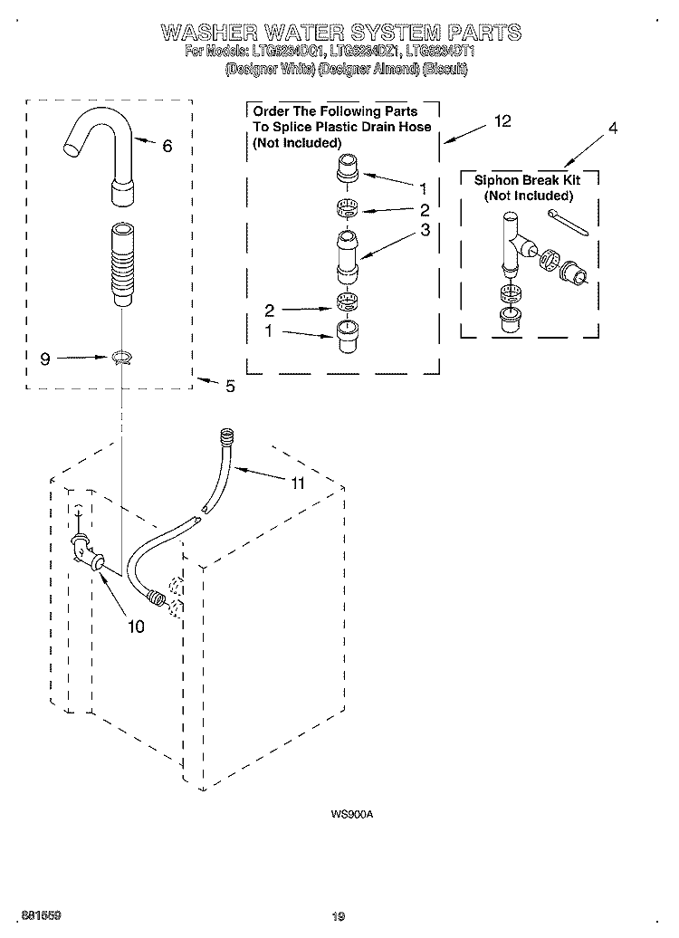 WASHER WATER SYSTEM Diagram and Parts List for LTG6234DT1  Whirlpool Washer Dryer Combo