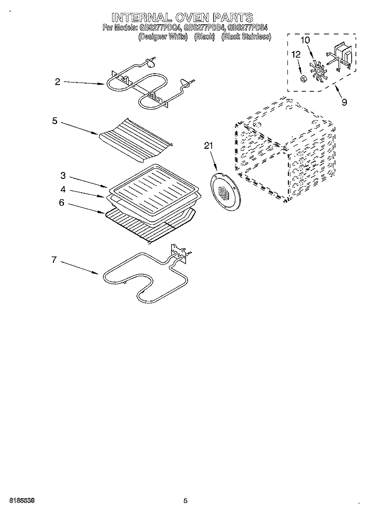 INTERNAL OVEN Diagram and Parts List for GBS277PDQ4  Whirlpool Wall Oven