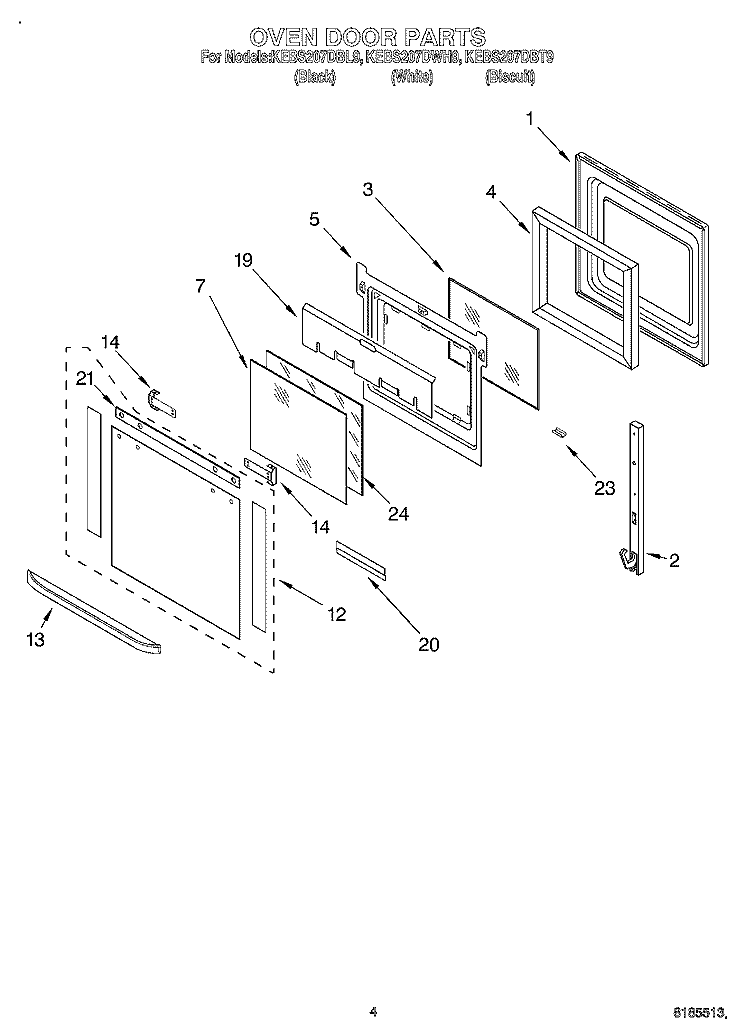 OVEN DOOR Diagram and Parts List for KEBS207DBT9  KitchenAid Wall Oven