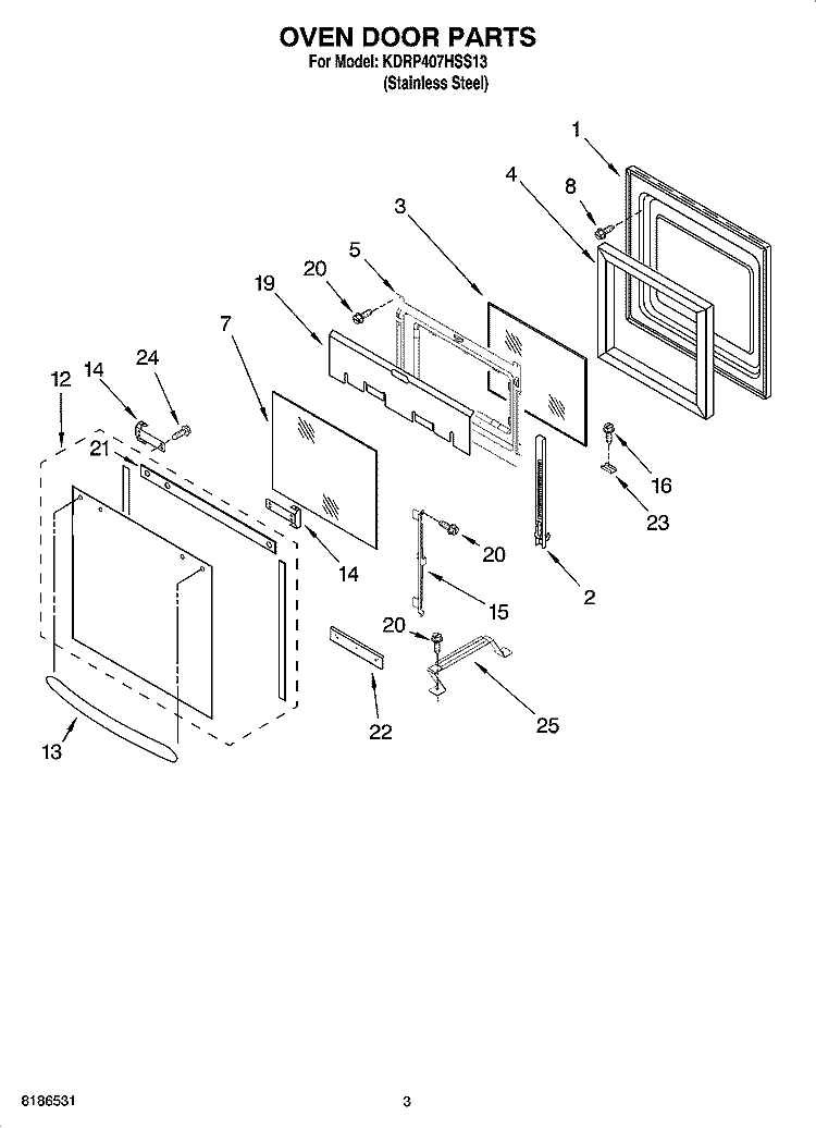 OVEN DOOR PARTS Diagram and Parts List for KDRP407HSS13  KitchenAid Range