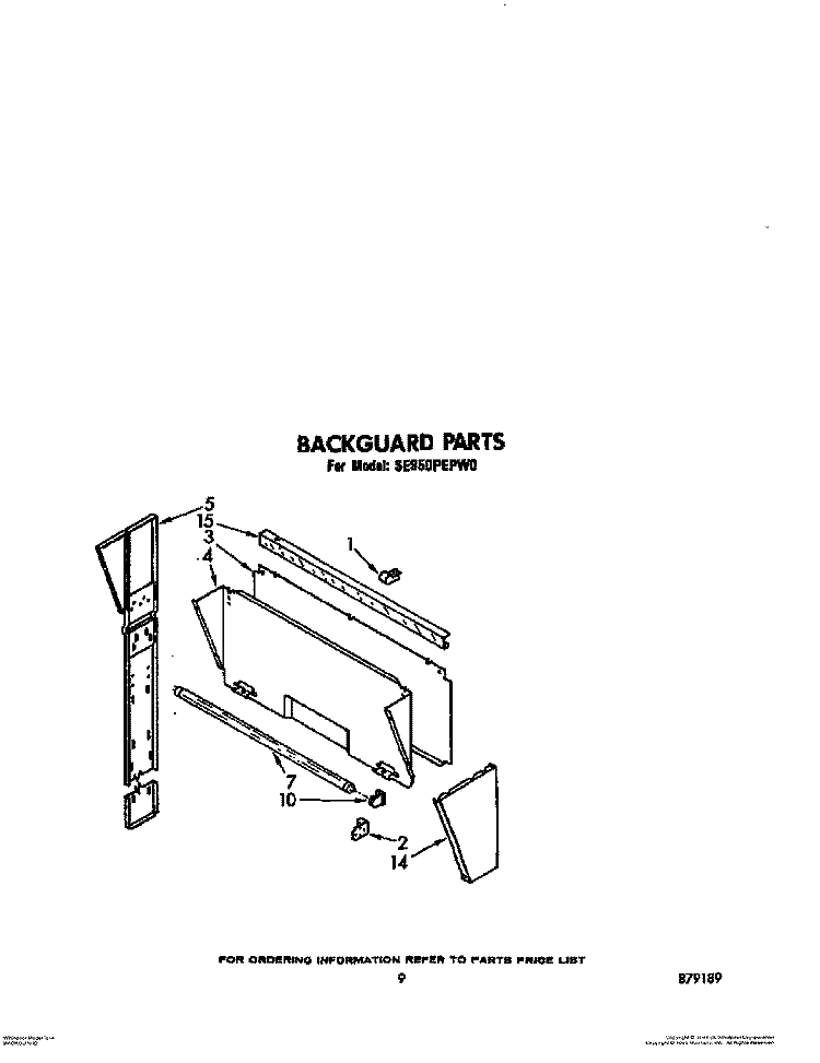 BACKGUARD Diagram and Parts List for SE950PEPW0  Whirlpool Range