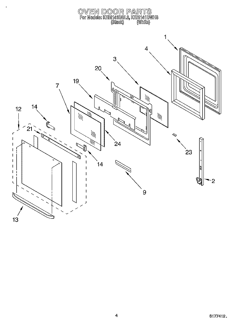 OVEN DOOR Diagram and Parts List for KEBI141DBL8  KitchenAid Wall Oven