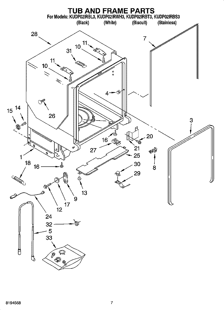 TUB AND FRAME PARTS Diagram and Parts List for KUDP02IRWH3  KitchenAid Dishwasher