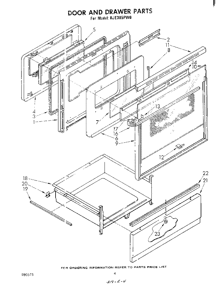 DOOR AND DRAWER Diagram and Parts List for RJE385PW0  Whirlpool Range