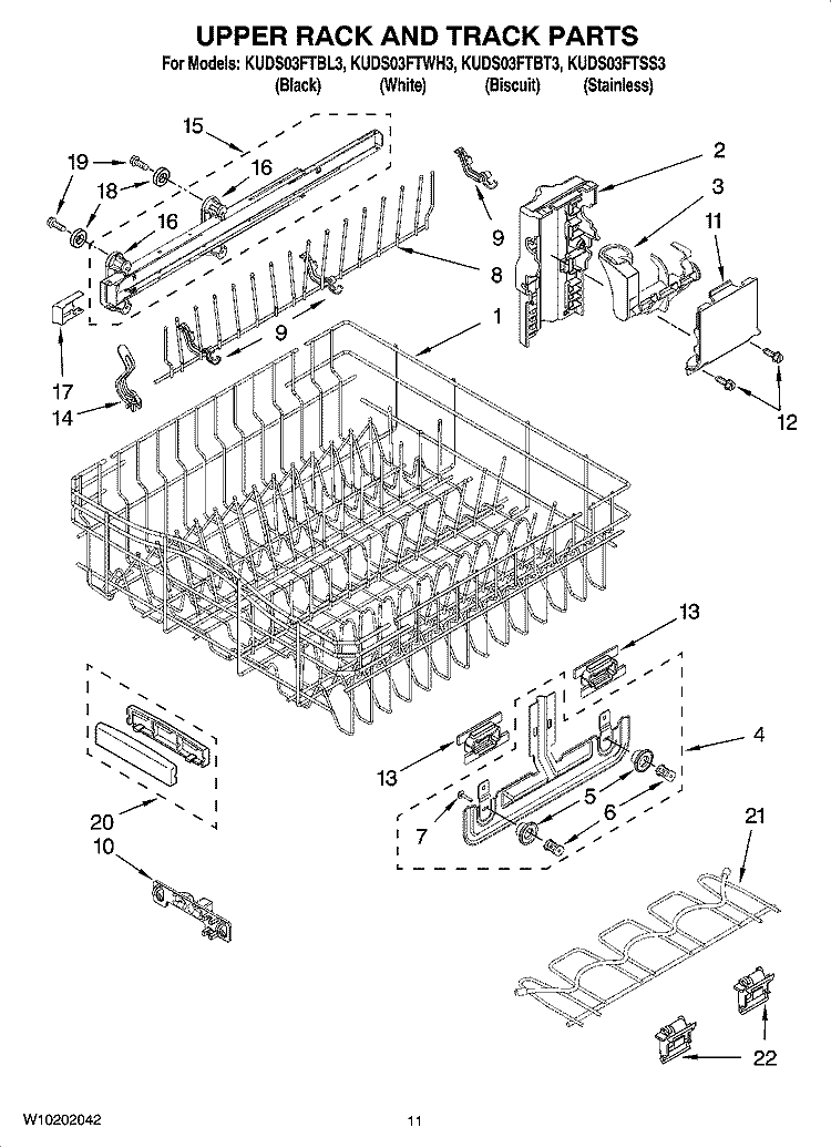 UPPER RACK AND TRACK PARTS Diagram and Parts List for KUDS03FTSS3  KitchenAid Dishwasher