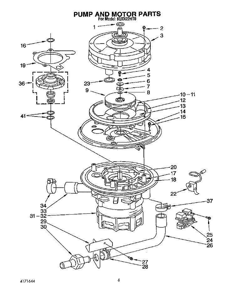PUMP AND MOTOR Diagram and Parts List for KUDI22HT0  KitchenAid Dishwasher