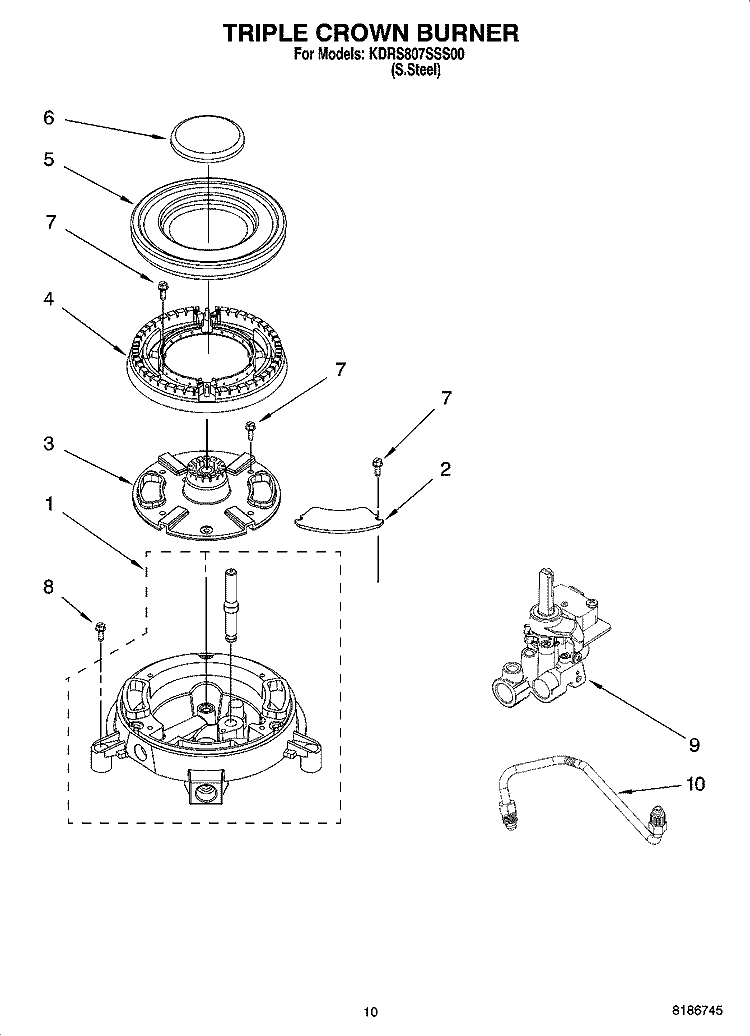 TRIPLE CROWN BURNER Diagram and Parts List for KDRS807SSS00  KitchenAid Range