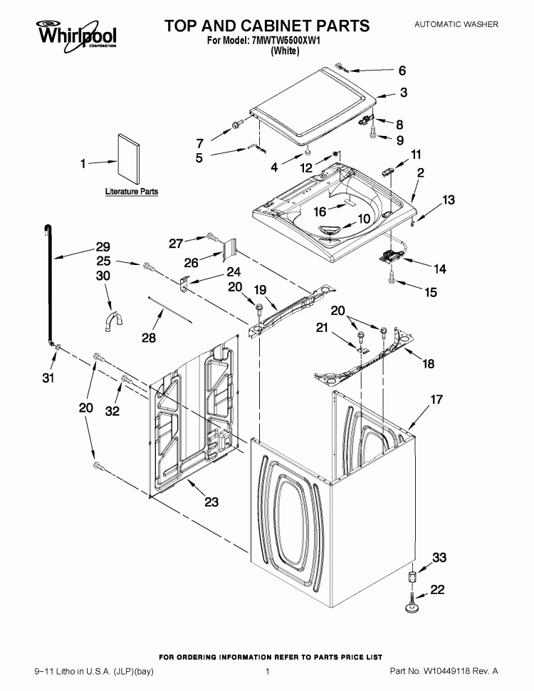 TOP AND CABINET PARTS Diagram and Parts List for 7MWTW5500XW1  Whirlpool Washer