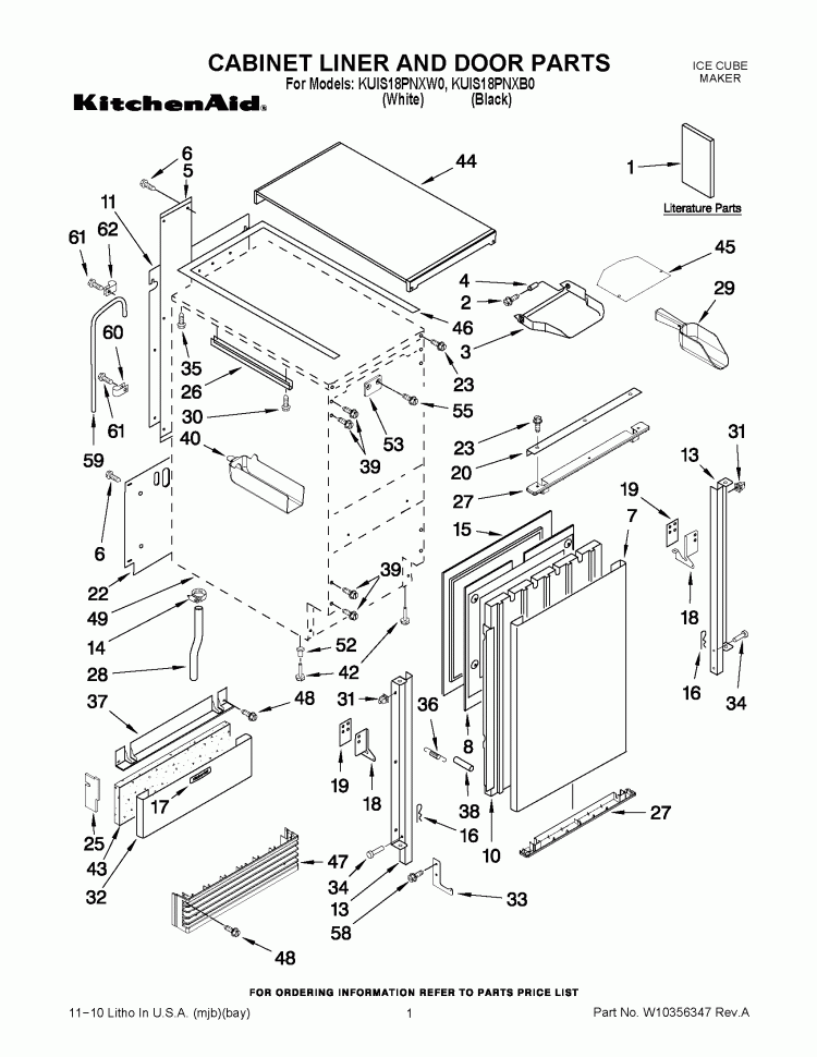 CABINET LINER AND DOOR PARTS Diagram and Parts List for KUIS18PNXW0  KitchenAid Ice Maker