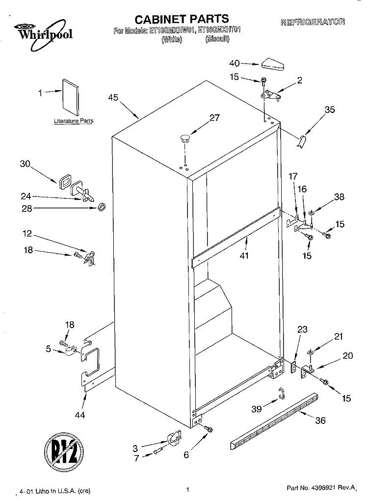 CABINET, LITERATURE Diagram and Parts List for ET18GMXHW01  Whirlpool Refrigerator