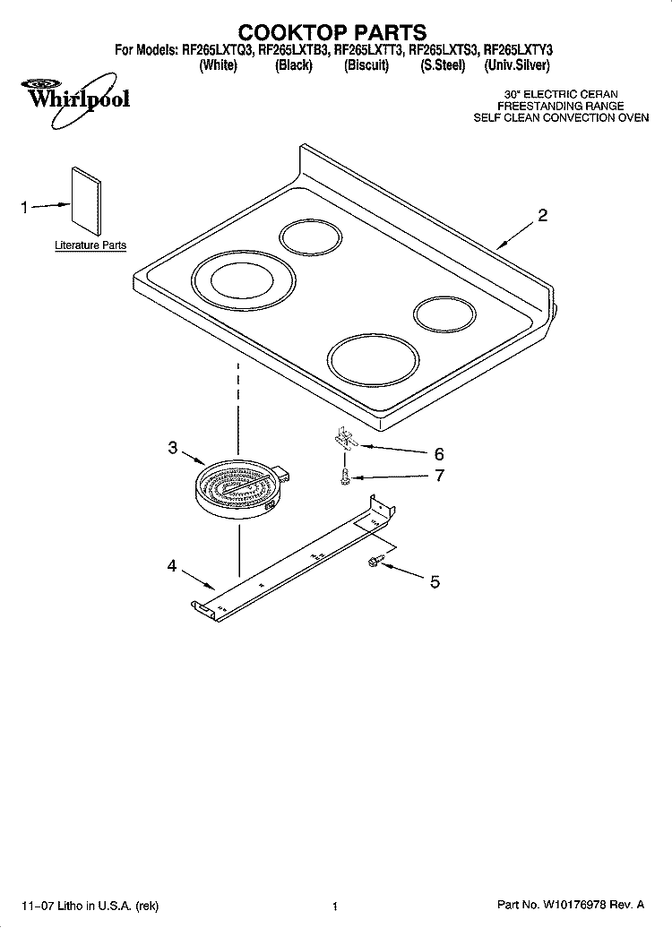 COOKTOP PARTS Diagram and Parts List for RF265LXTB3  Whirlpool Range