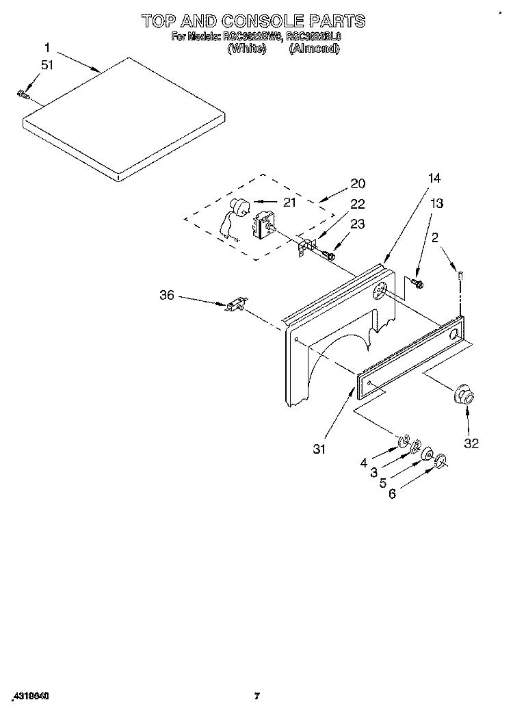 TOP AND CONSOLE Diagram and Parts List for RGC3622BW0  Roper Dryer