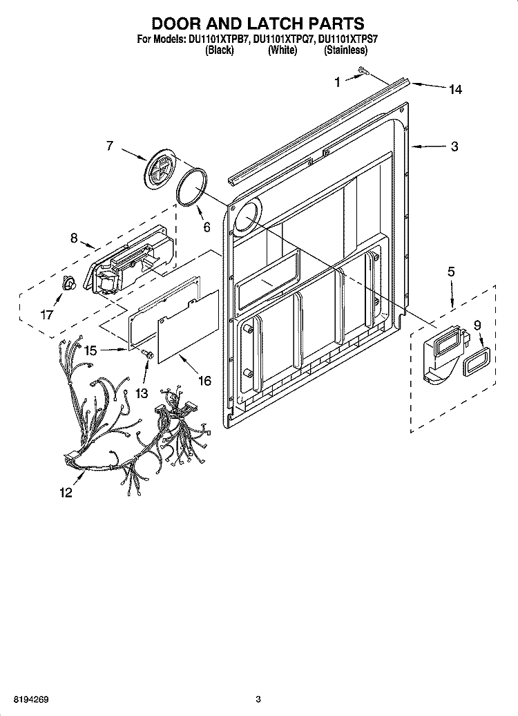 DOOR AND LATCH PARTS Diagram and Parts List for DU1101XTPB7  Whirlpool Dishwasher