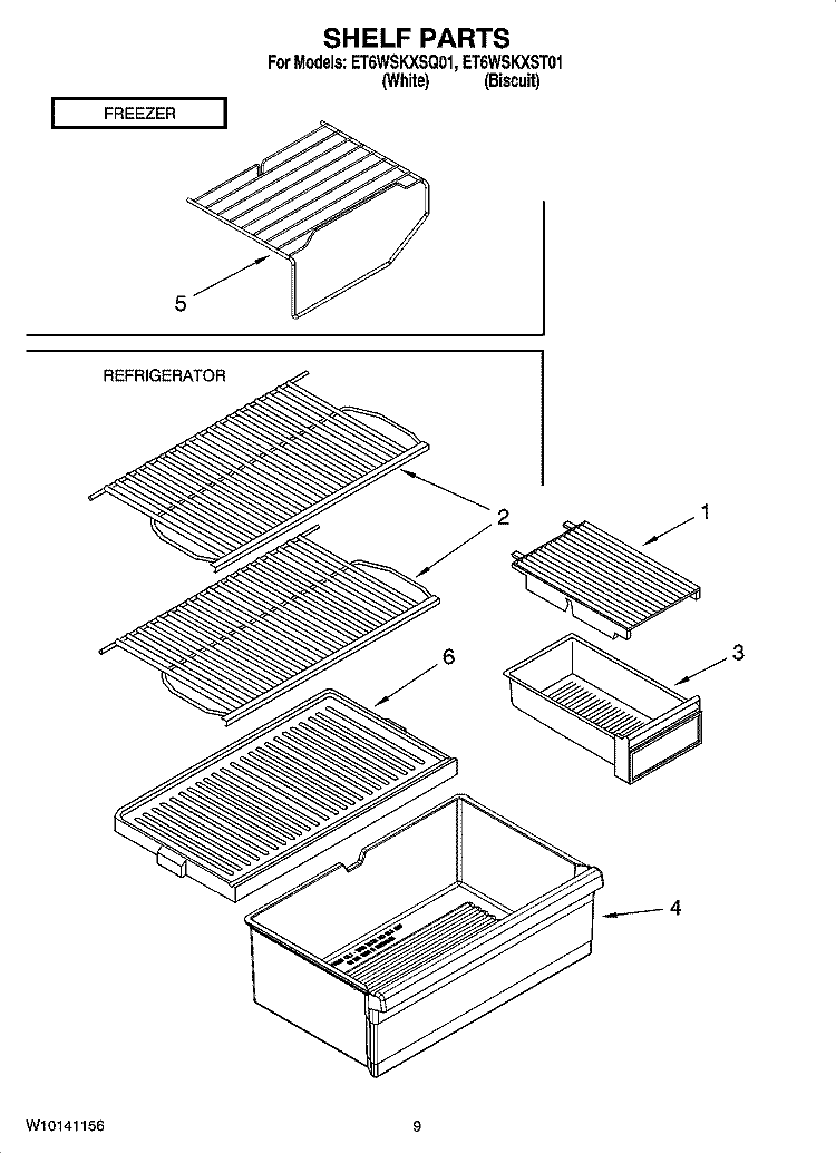 SHELF PARTS, OPTIONAL PARTS Diagram and Parts List for ET6WSKXSQ01  Whirlpool Refrigerator