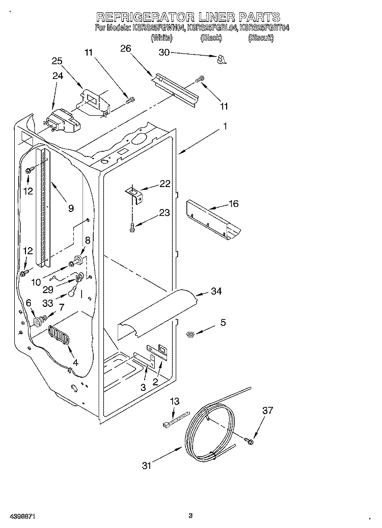 REFRIGERATOR LINER Diagram and Parts List for KSRS25FGBT04  KitchenAid Refrigerator