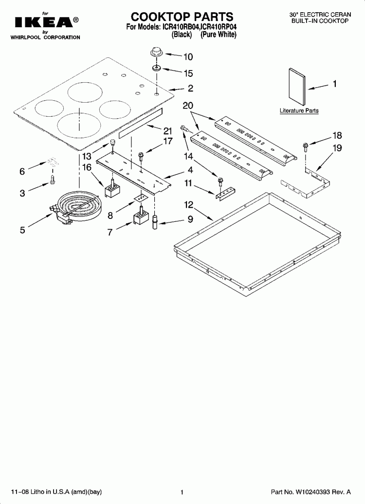COOKTOP PARTS, OPTIONAL PARTS (NOT INCLUDED) Diagram and Parts List for ICR410RB04  Whirlpool Cooktop