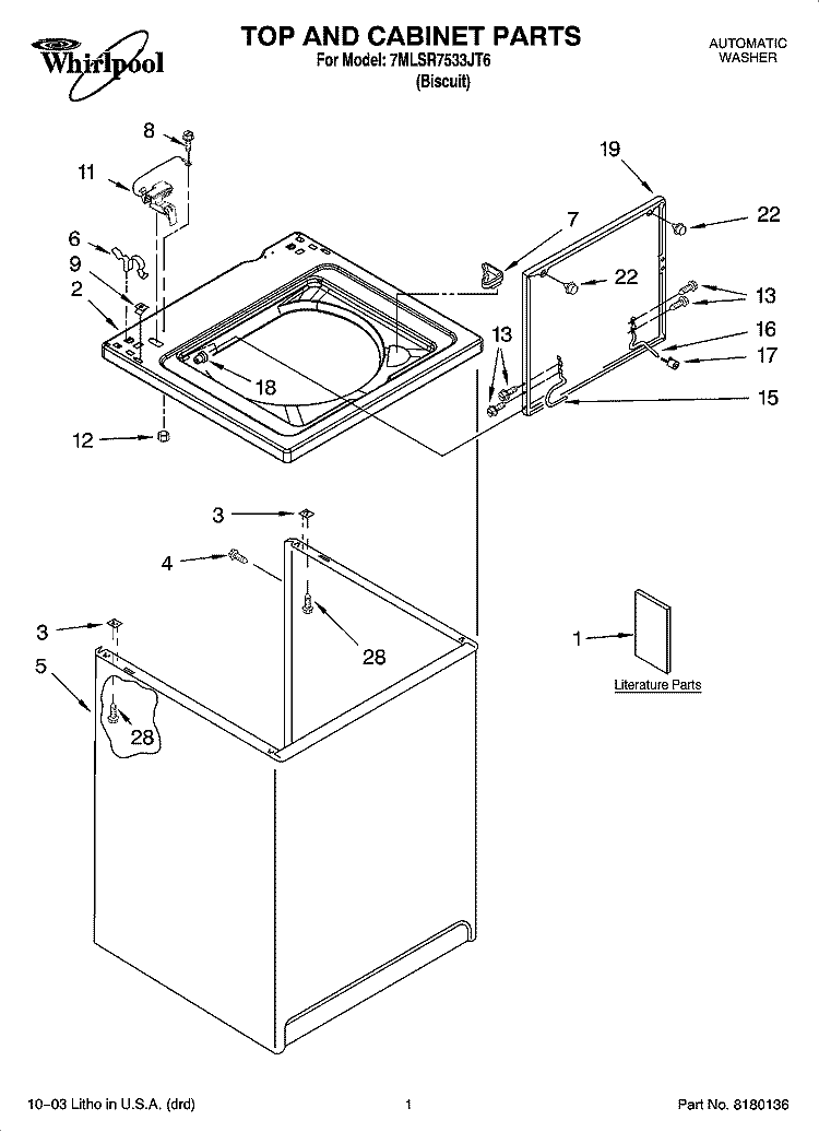 TOP AND CABINET PARTS Diagram and Parts List for 7MLSR7533JT6  Whirlpool Washer