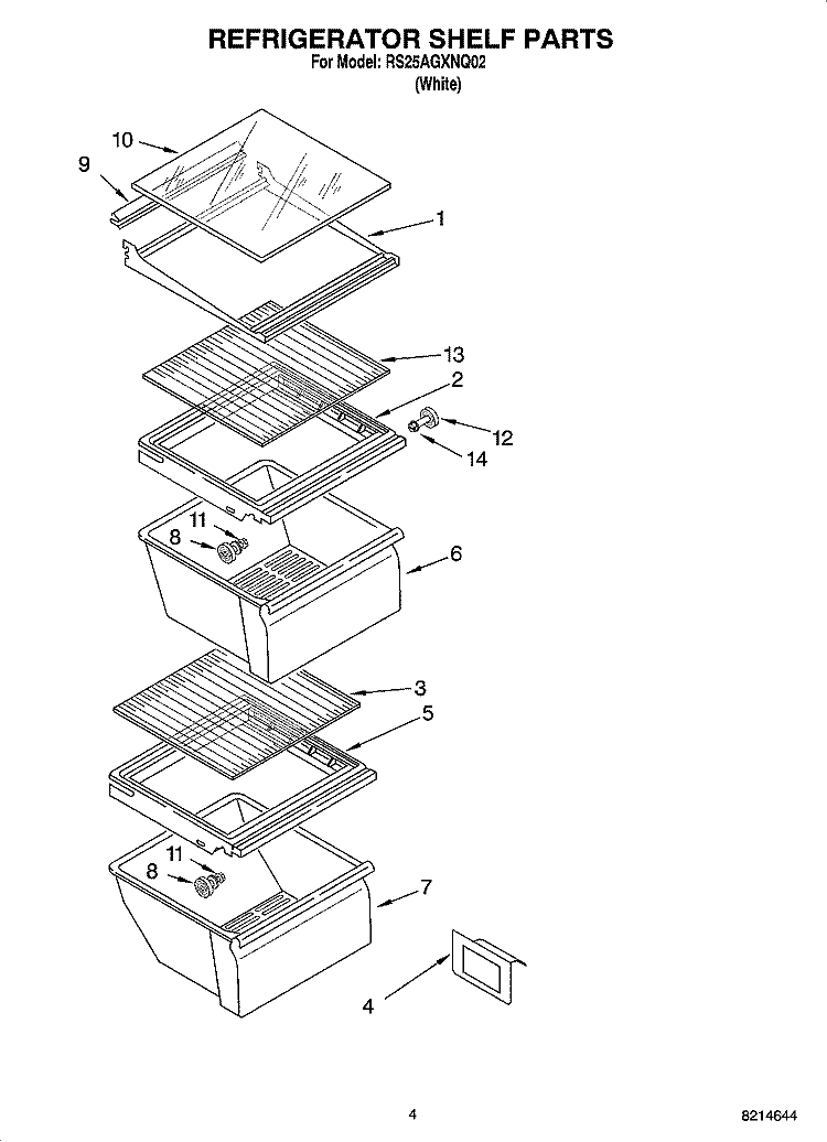 REFRIGERATOR SHELF PARTS Diagram and Parts List for RS25AGXNQ02  Roper Refrigerator