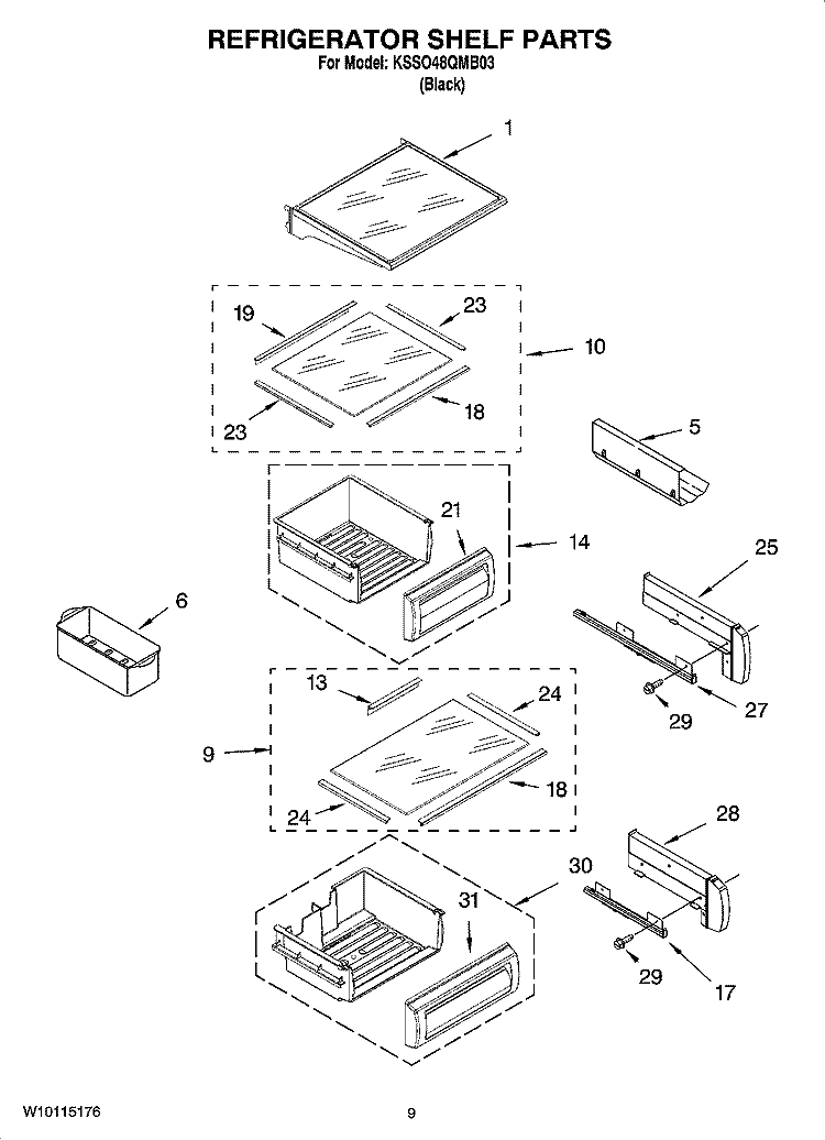 REFRIGERATOR SHELF PARTS Diagram and Parts List for KSSO48QMB03  KitchenAid Refrigerator