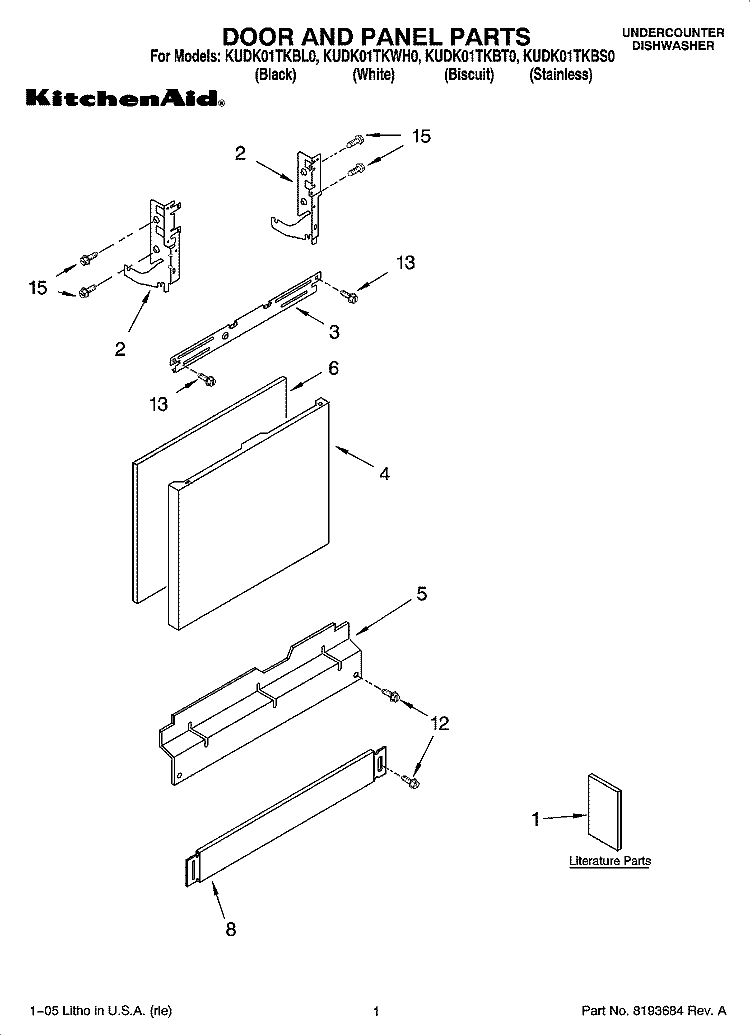 DOOR AND PANEL PARTS Diagram and Parts List for KUDK01TKBS0  KitchenAid Dishwasher
