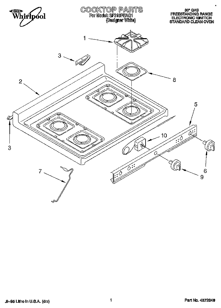 COOKTOP Diagram and Parts List for SF310PEAQ1  Whirlpool Range