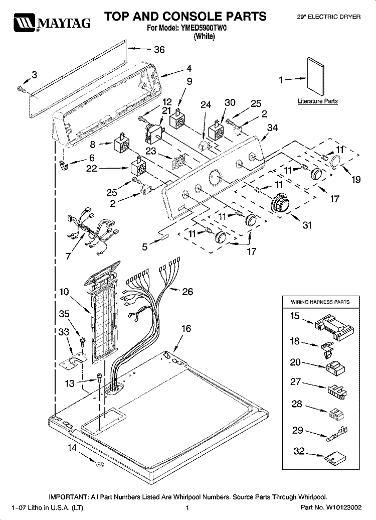 TOP AND CONSOLE PARTS Diagram and Parts List for YMED5900TW0  Maytag Dryer