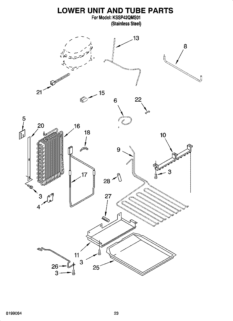 LOWER UNIT AND TUBE PARTS Diagram and Parts List for KSSP42QMS01  KitchenAid Refrigerator