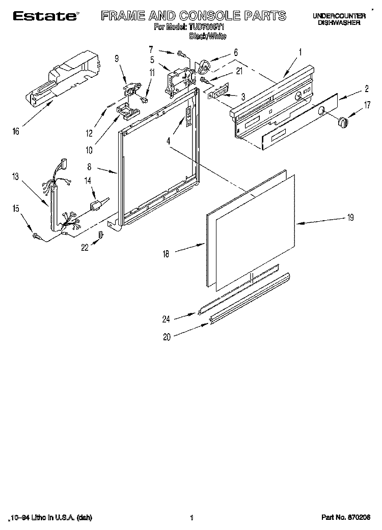 FRAME AND CONSOLE Diagram and Parts List for TUD7005Y1  Whirlpool Dishwasher