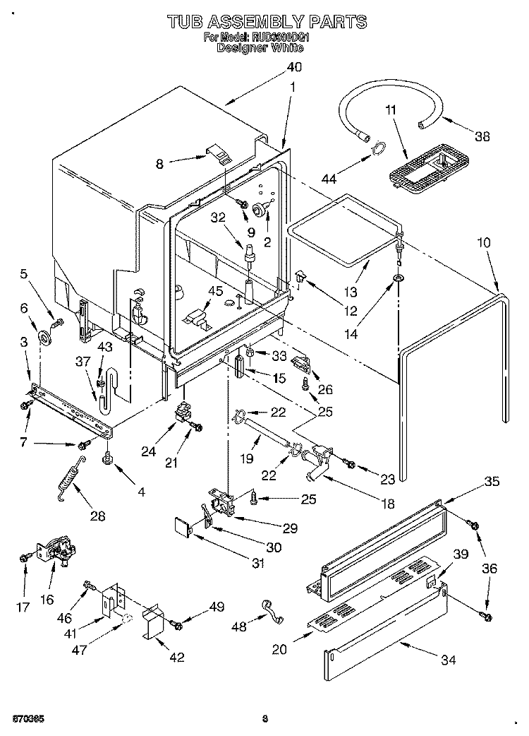 TUB ASSEMBLY Diagram and Parts List for RUD3000DQ1  Roper Dishwasher